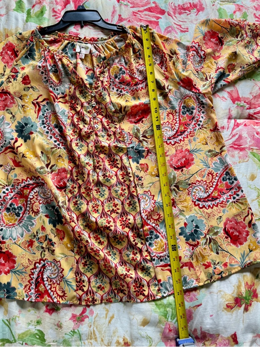 fig and flower Yellow Floral Boho Blouse with Red and Green Accents - Picture 6 of 7